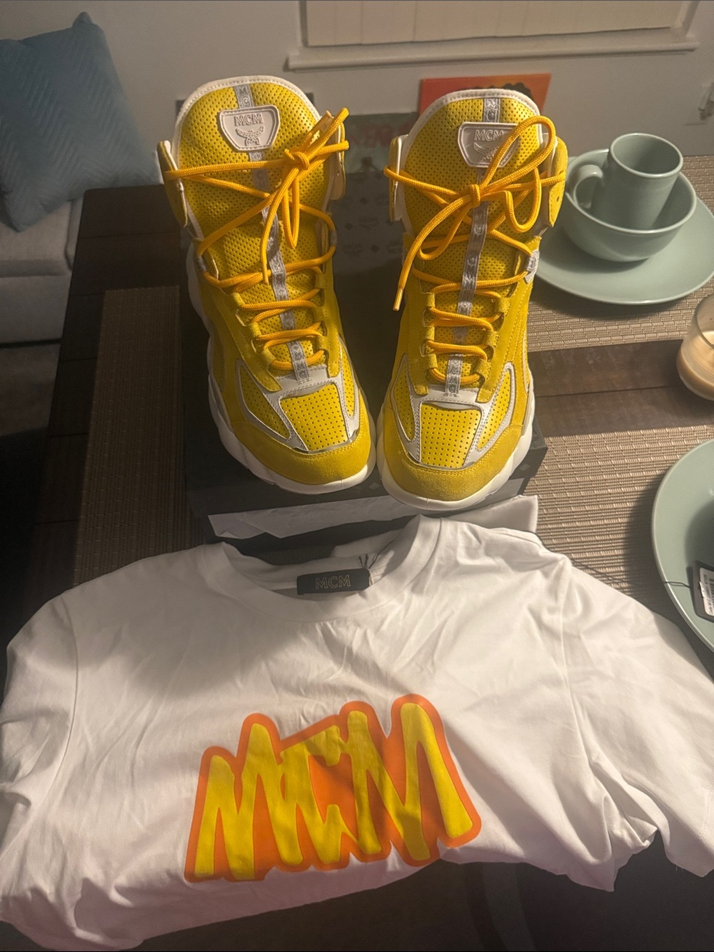 MCM Yellow Mesh High-Top Sneakers with White Accents